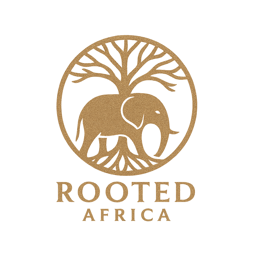 A golden elephant standing infront of a tree of life in a circle with the words rooted Africa listed below